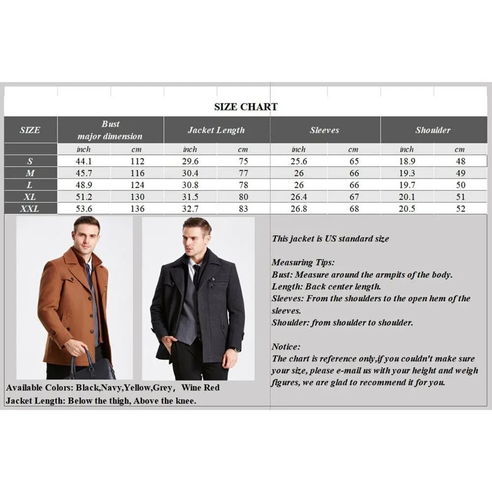 Men's Grey Wool Blend Coat Warm Winter Trench Coat With Detachable Soft Scarf